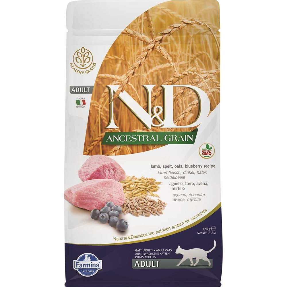 Nd Ancestral Grain Düşük Tahıllı Kuzu Eti Ve Yaban Mersinli Yetişkin Kedi Maması 1,5Kg