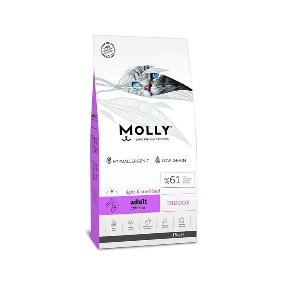 Molly Indoor Light Hipoalerjenik Tavuklu Düşük Tahıllı Kısırlaştırılmış Kedi Maması 15kg