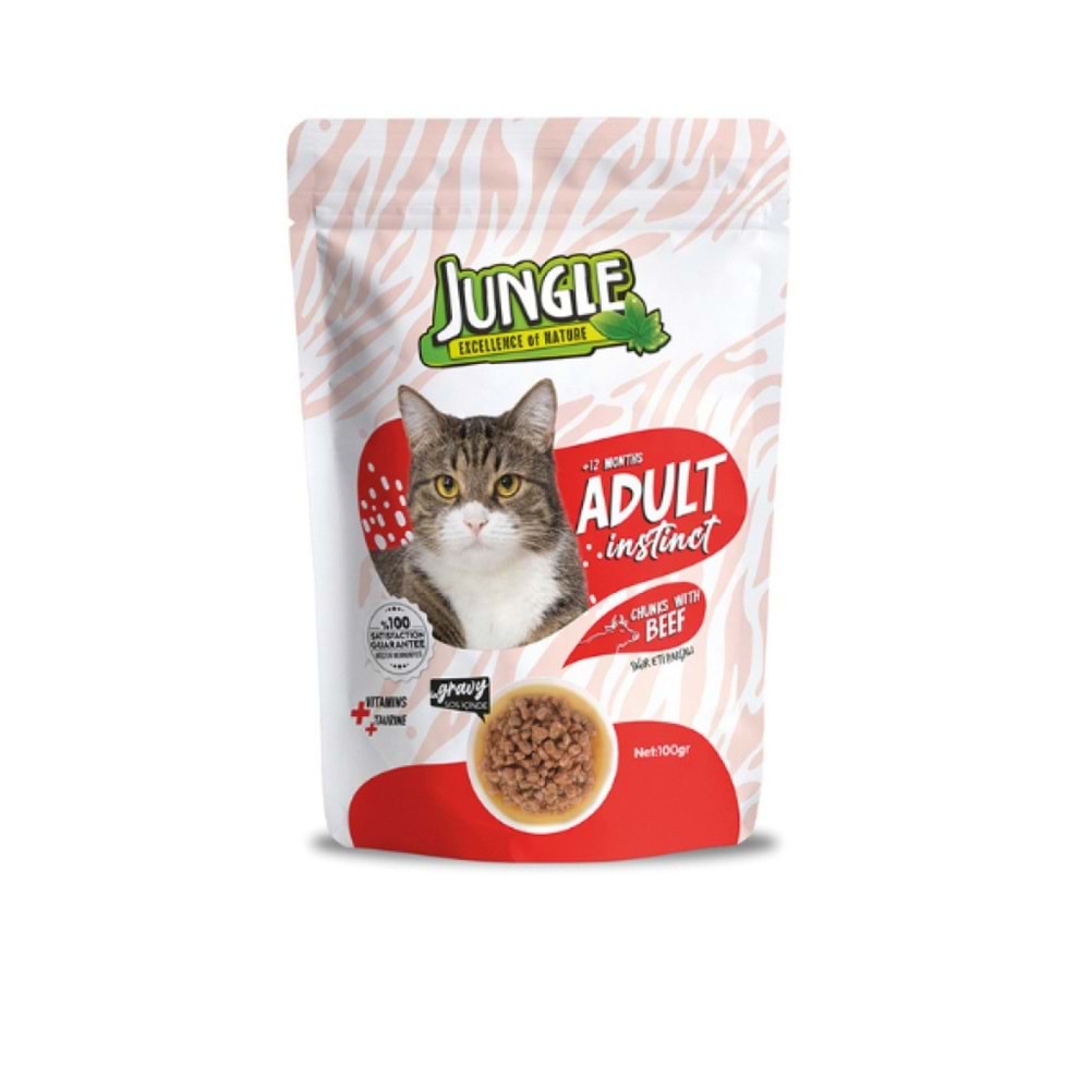Jungle Pouch Sığır Eti Parçalı Soslu Yetişkin Kedi Konservesi 100gr