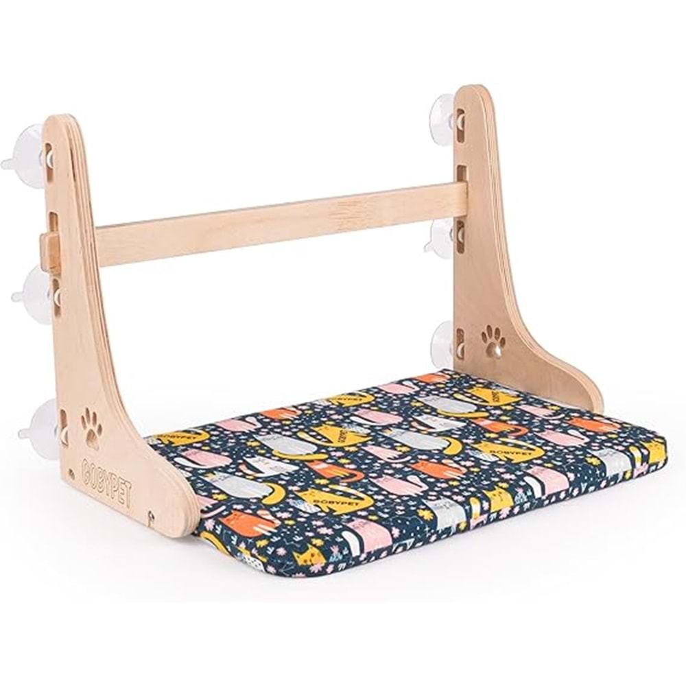 Gobypet Vantuzlu Cama Yapışan Kedi Yatağı | Dayanıklı Ahşap Gövde, Güçlü Vantuzlu, Kedi Desenli Minderi ile Terası
