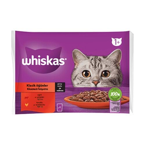 Whiskas Pouch Sos İçinde Sığırlı ve Tavuklu Yetişkin Kedi Konservesi 85gr (4'lü)