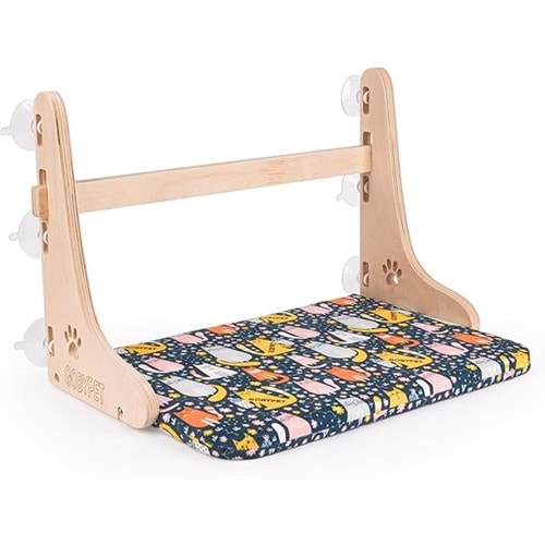 Gobypet Vantuzlu Cama Yapışan Kedi Yatağı | Dayanıklı Ahşap Gövde, Güçlü Vantuzlu, Kedi Desenli Minderi ile Terası